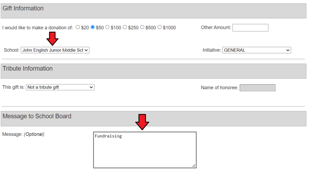 Screenshot of the donation page calling out the school and message fields.