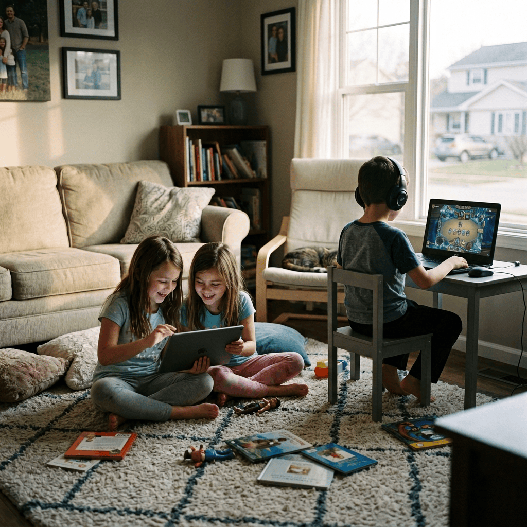 Two girls share a tablet while a boy uses a laptop in the living room